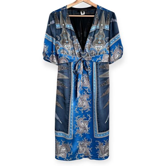 Vintage Single Dress 100% Silk Scarf Print V Neck Empire Waist Dress  Women's L - www.joarbit.com